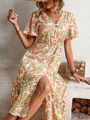 Casual Ladies Button Slit Floral Print Dress