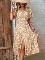 Casual Ladies Button Slit Floral Print Dress