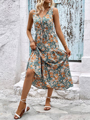 Casual Ladies Button Sleeveless Floral Print Dress