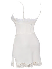 Sexy satin lace stitching V-neck strapless backless dress