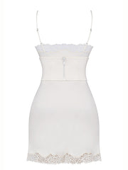 Sexy satin lace stitching V-neck strapless backless dress