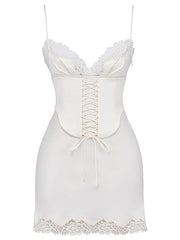 Sexy satin lace stitching V-neck strapless backless dress