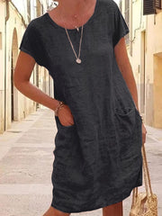 Loose Solid Color Pocket Short Sleeve Round Neck Cotton Linen Dress