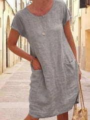 Loose Solid Color Pocket Short Sleeve Round Neck Cotton Linen Dress