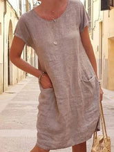 Loose Solid Color Pocket Short Sleeve Round Neck Cotton Linen Dress