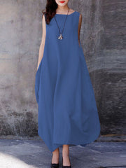 Loose Swing Casual Solid Color Round Neck Pockets dress