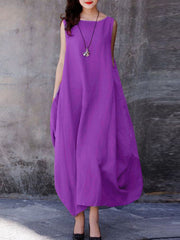 Loose Swing Casual Solid Color Round Neck Pockets dress