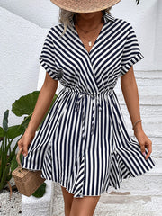 Ladies Casual Lapel Striped Shirt Dress