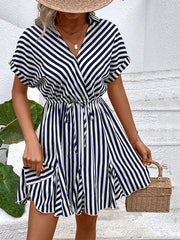 Ladies Casual Lapel Striped Shirt Dress
