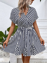 Ladies Casual Lapel Striped Shirt Dress