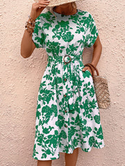 Round neck waist print dress with belt