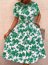 Round neck waist print dress with belt