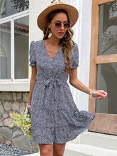 Print Button V Neck Tie Dress
