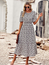 round neck printed waist temperament A-line dress