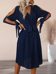 Hollow-out long-sleeve skirt pleated V-neck lace panel dress