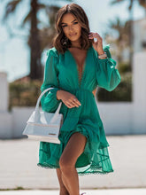 Deep V Mini Skirt Open Back Sexy Lace Mosaic Chiffon Dress