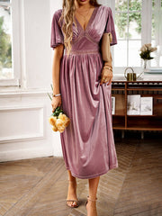 elegant V-neck short-sleeved velvet dress
