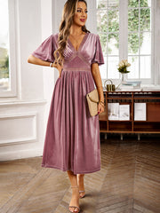 elegant V-neck short-sleeved velvet dress