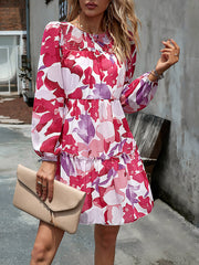 Floral Print Round Neck Skirt Chiffon Layered Dress