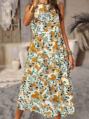 halter neck loose holiday multi-layer print dress