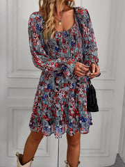 Bohemian print stretch elastic square neck long-sleeved dress