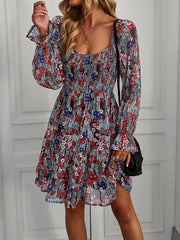 Bohemian print stretch elastic square neck long-sleeved dress