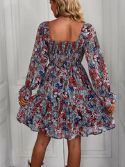 Bohemian print stretch elastic square neck long-sleeved dress