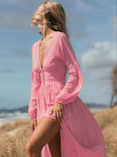 French retro V-neck waist pleats loose slit temperament long-sleeved dress