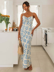 sexy slim-fit suspender V-neck printed backless long dress