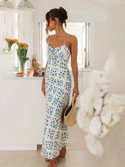 sexy slim-fit suspender V-neck printed backless long dress