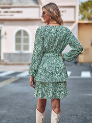 Printed V-neck tie waist long-sleeved dress