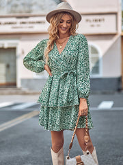 Printed V-neck tie waist long-sleeved dress