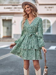 Printed V-neck tie waist long-sleeved dress