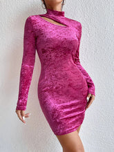 style half-high collar hollow out slimming hip-hugging long-sleeved velvet sexy dress