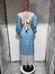 Floral contrast lantern sleeve backless dress