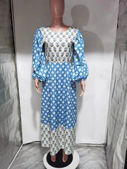 Floral contrast lantern sleeve backless dress