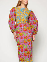 Floral contrast lantern sleeve backless dress