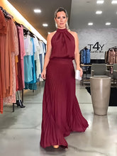 sleeveless strappy casual backless halterneck pleated dress