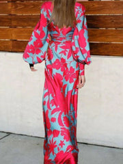 style high-waist commuting long skirt printed lantern sleeve v-neck dress