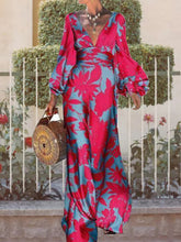 style high-waist commuting long skirt printed lantern sleeve v-neck dress