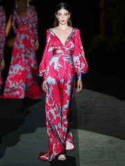 style high-waist commuting long skirt printed lantern sleeve v-neck dress