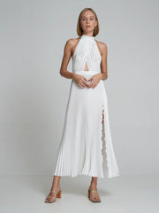 Sleeveless halterneck lace-up slim fit pleated dress