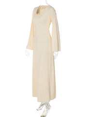 Feminine U-neck tie-back long-sleeved dress