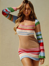 colorful contrasting U-neck sexy hollow long-sleeved knitted midi dress