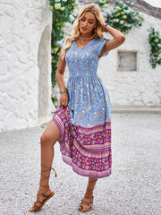 Printed V-neck flying sleeve bohemian dress
