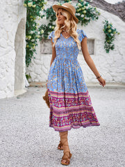 Printed V-neck flying sleeve bohemian dress