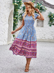Printed V-neck flying sleeve bohemian dress