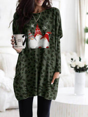 Long Sleeve Pocket Leopard Christmas Print Dress