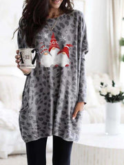 Long Sleeve Pocket Leopard Christmas Print Dress