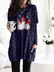 Long Sleeve Pocket Leopard Christmas Print Dress
